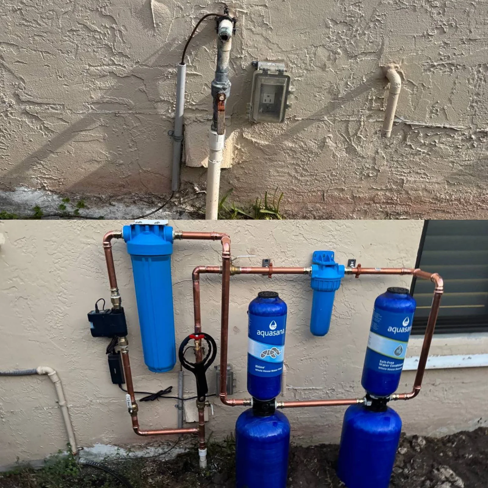 Aquasana whole-home water filtration system installed with copper piping