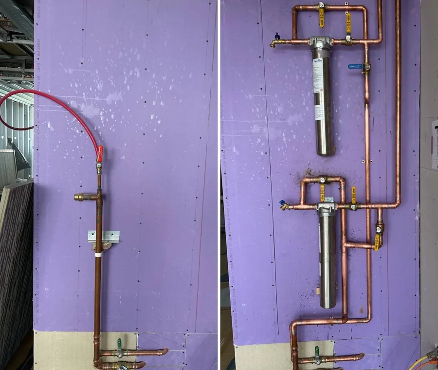 Before and after plumbing water filtration installation with copper piping
