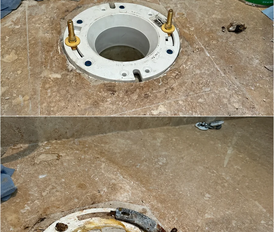 Before and after toilet flange repair by ECH Plumbing