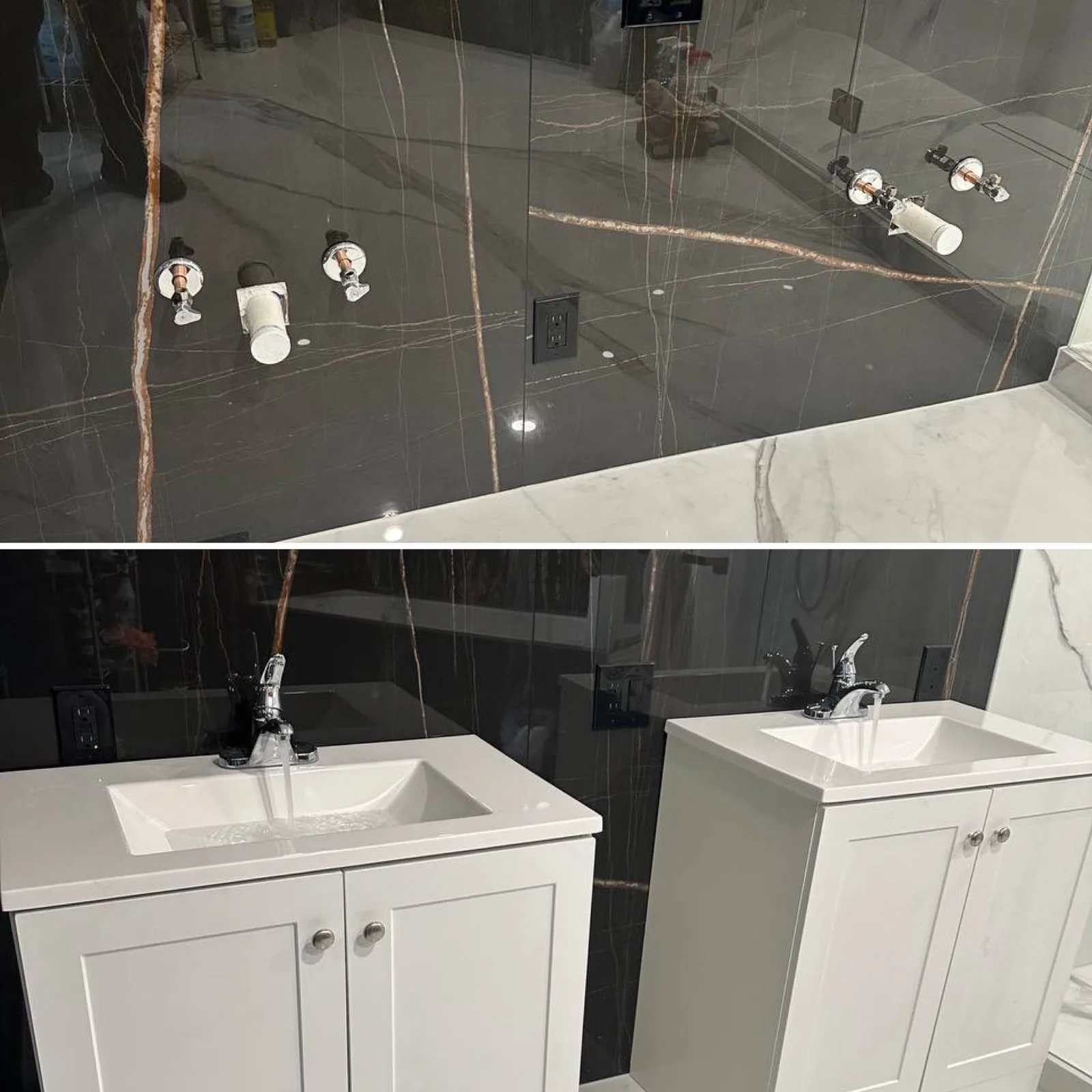 Before and after bathroom vanity plumbing and fixture installation